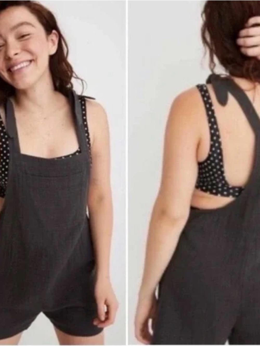 aerie Charcoal Black Tie-Shoulder Romper Overalls